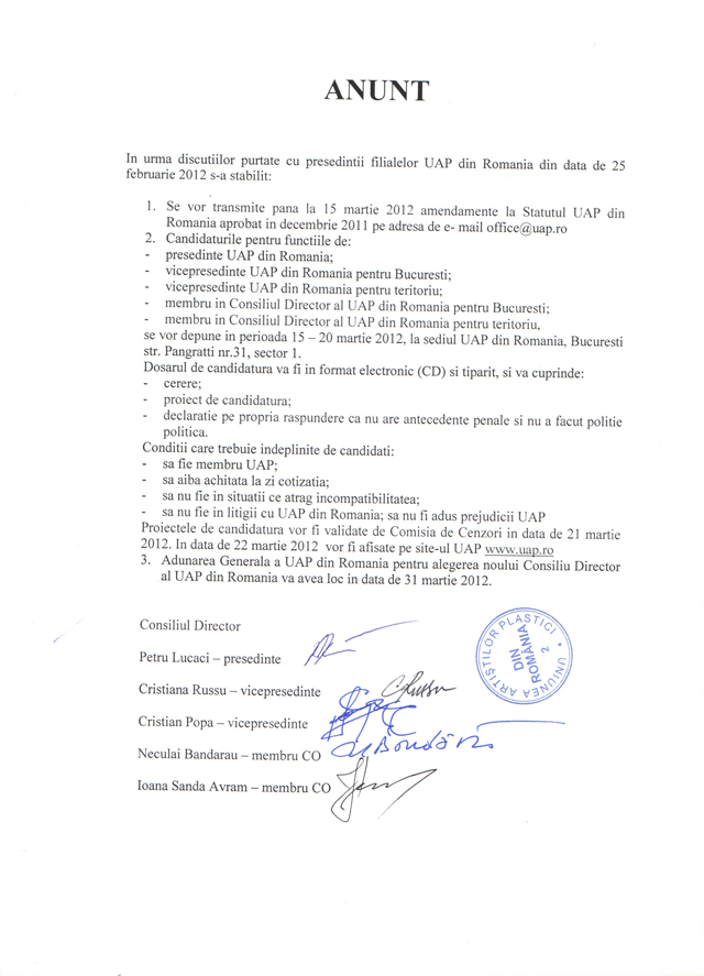CANDIDATURI DEPUSE ȘI VALIDATE PENTRU CONDUCEREA UAP DIN ROMÂNIA