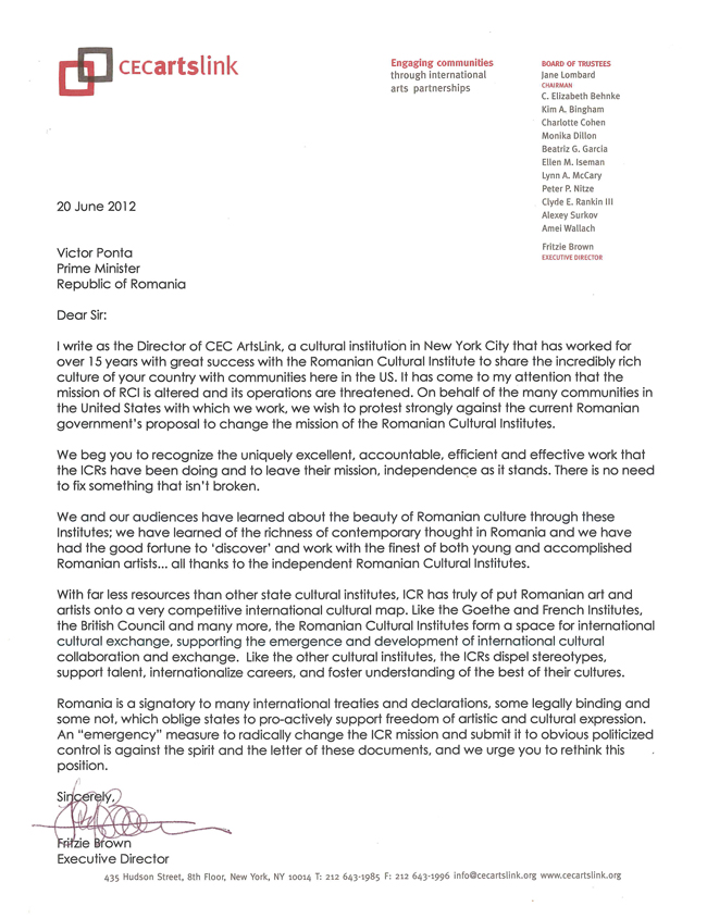 Scrisoarea directorului CEC ArtsLink din New York adresată premierului Romaniei