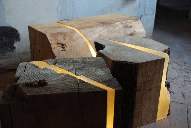 Lamps Made from Sawmill Waste and Tree Branches Embedded with Resin and LEDs