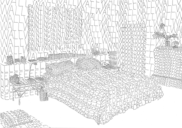 ModernMantra, Drawings in Which Every Object is Covered with the Word Describing It