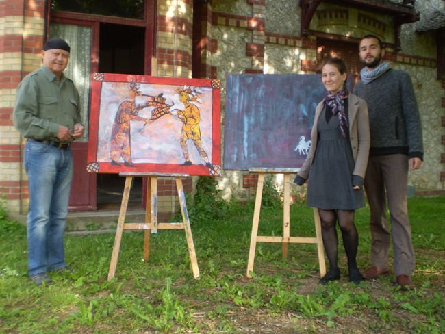 Mai-2014---Michel-Gavaza-et-les-deux-artistes-de-Timisoara,-Filip-et-Andreea,-à-la-Rabelais