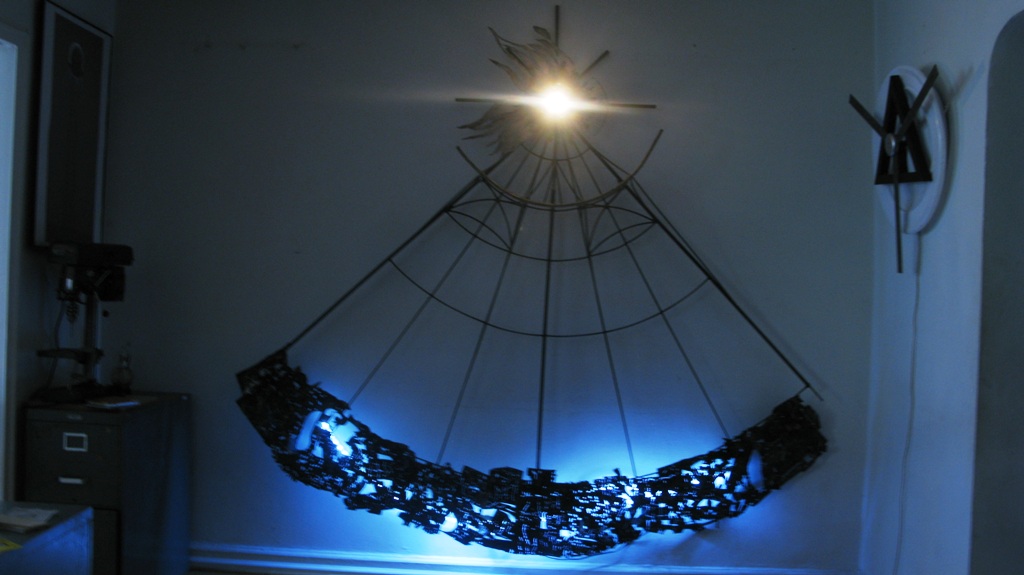 1 COSMOGONY Night view 90 x 90x 11 Weldwd Steel LED Light Glass Copper Bronze 2009
