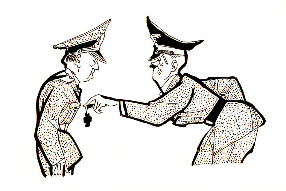 Eugen Taru, Ion Antonescu and Hitler, ca. 1953, ink on paper, 20x28 cm, courtesy Nasui Collection & Gallery.