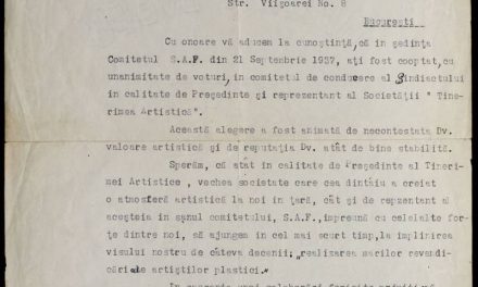 Scrisoare trimisă de preşedintele ”Sindicatului Artelor Frumoase”, Cecilia Cuțescu-Storck către pictorul Kimon Loghi referitoare la numirea acestuia în funcția de președinte și reprezentant al societății ”Tinerimea Artistică”