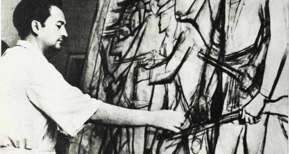 Pictorul Gheorghe Șaru lucrează la o compoziție de dimensiuni monumentale dedicată luptătorilor pentru libertate, 1959