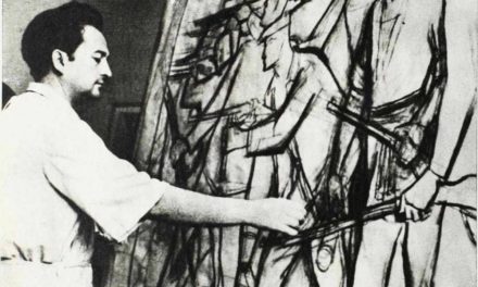 Pictorul Gheorghe Șaru lucrează la o compoziție de dimensiuni monumentale dedicată luptătorilor pentru libertate, 1959
