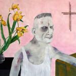 Composition with Wilted Tulips, Racing Pulse and Wooden Cross - mixed technique on paper (watercolor, acrylic and pencil) on paper, 81 x 88 cm, 2019