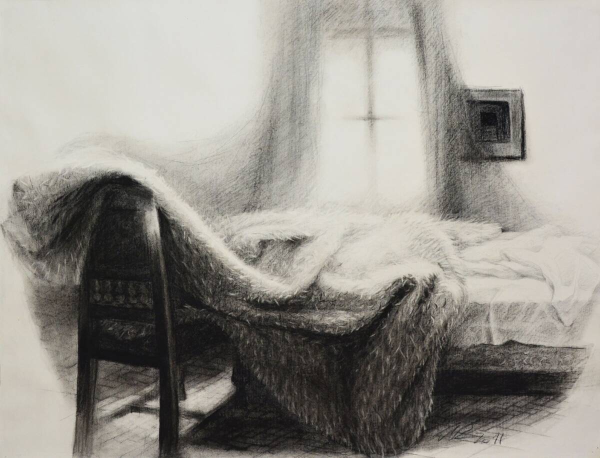 Marcela Rădulescu, “Fereastra”,  cărbune, pastel și creion pe hârtie, 2012