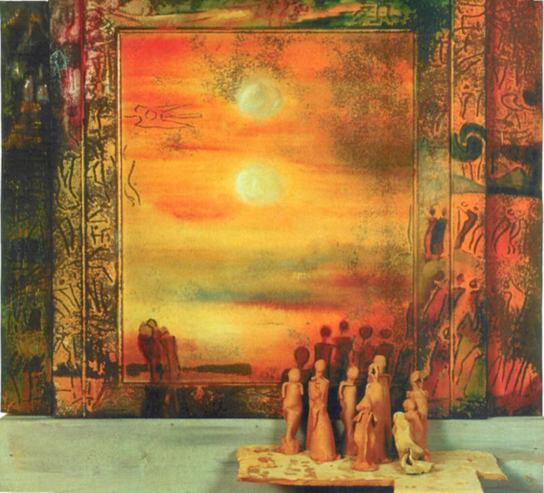 60. Soare dublu. Exod, 1996, ulei pe pânză și lemn, ceramica, 77x100 cm