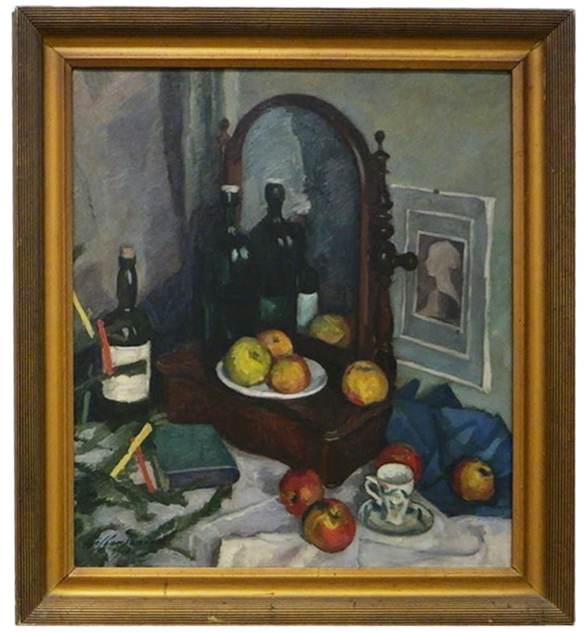 Ziffer Sándor (1880–1962) Natură statică pe o masă cu oglindă de toaletă, 1910, Ulei pe pânză cu țesătură rară, 82 x 70 cm