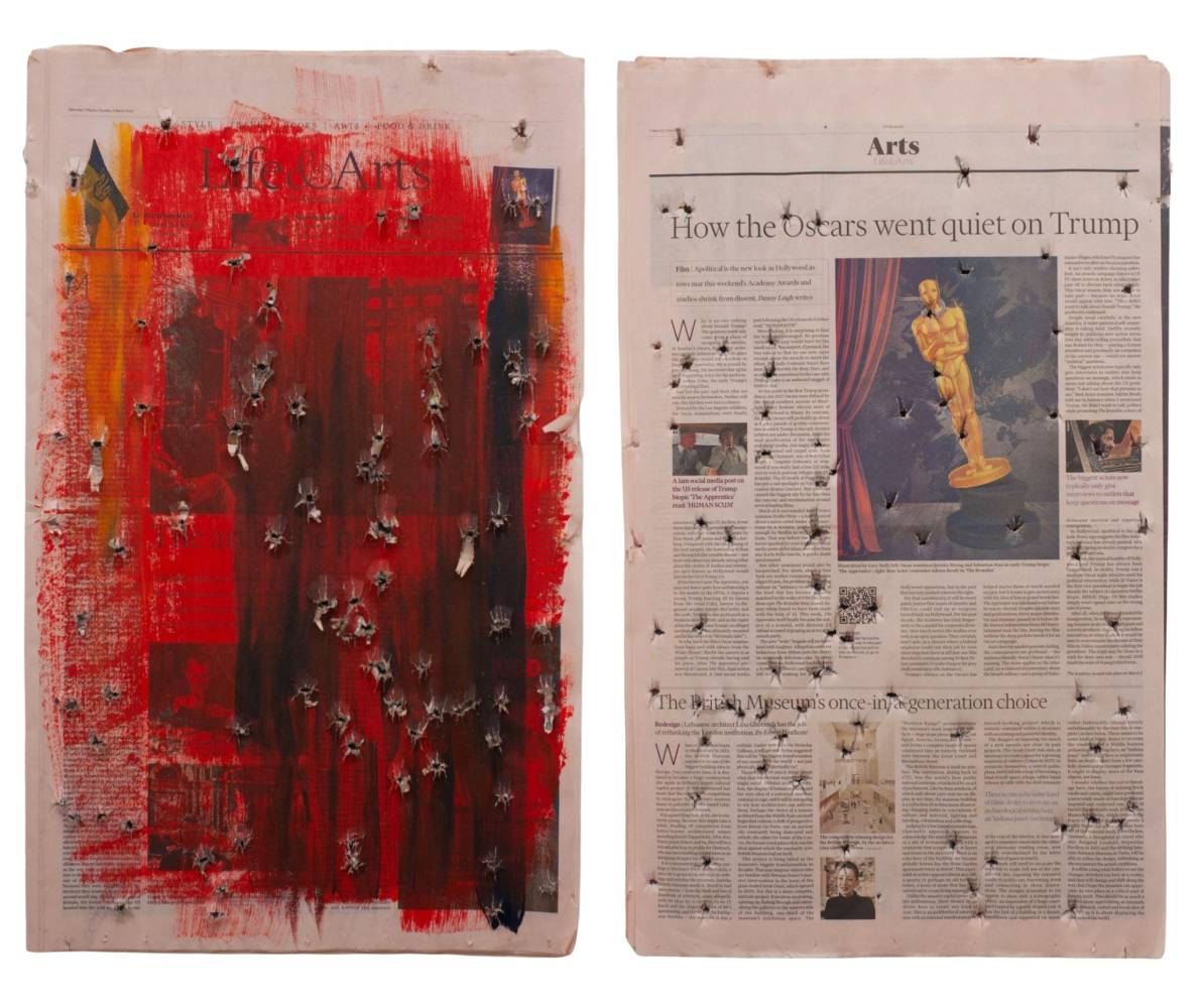 Pavel Bărila, Times When News Are Faster Than Bullets, 2024–2025, acrylic on pressed newspapers, perforated with 9 mm bullets 46 x 34 cm, Courtesy of Lutnița