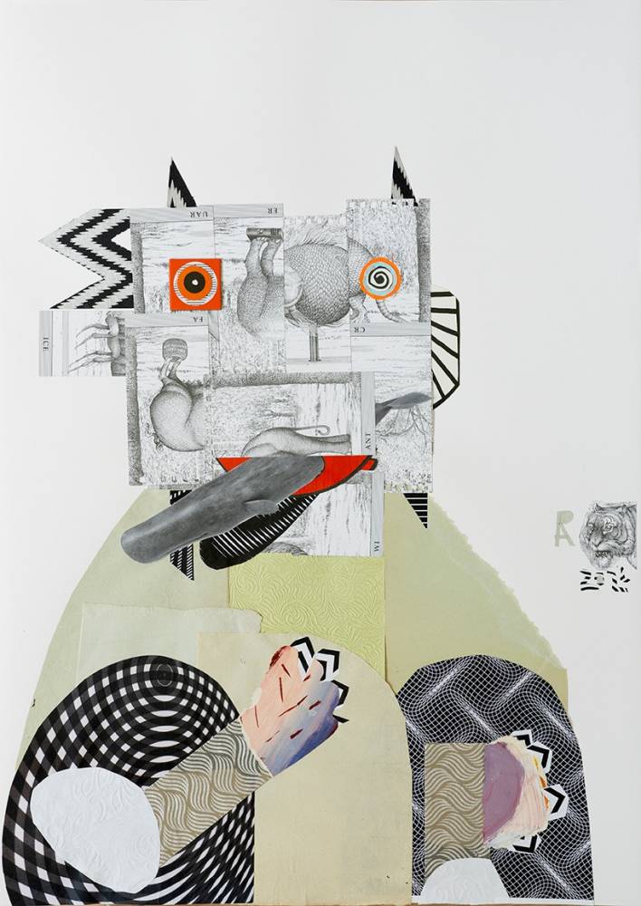 Raluca Arnăutu, The Whale Hunter, 2022, collage, tempera on paper, 70 x 50 cm, Courtesy of Anaid Art Gallery